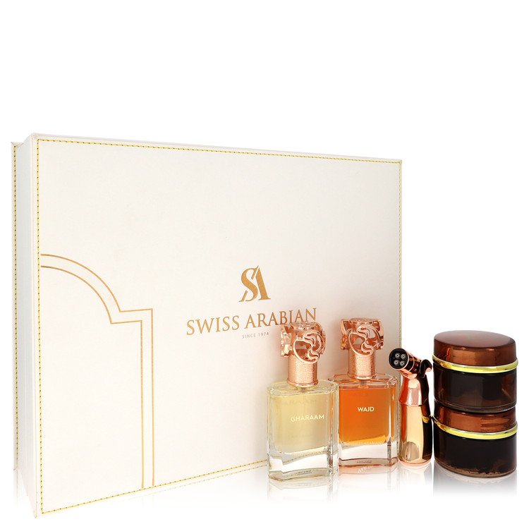 Swiss Arabian Bakhoor Dukhoon Al Haram by Swiss Arabian Gift Set -- Gift Set contains 2 x 1.7 oz Eau De Parfum in Wajd & Gharaam + 2 x 60 grams of Incense in Dukhoon Al Haram & Oud Muattar Mumtaz for Men